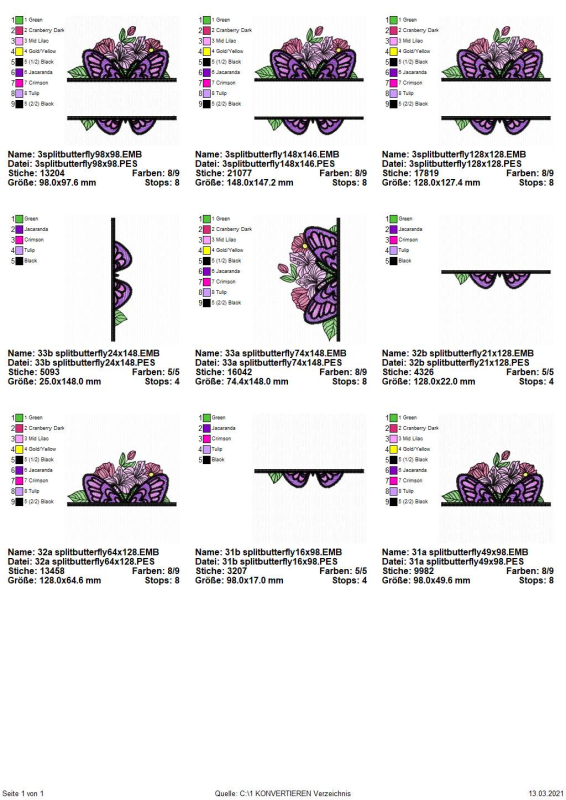 Preview: Stickdatei Split Butterfly 3, Übersicht mit 9 Dateien.3 mal bunter Schmetterling mit Blüten-Blätter-Stick dahinter, im Vordergrund quer freier Stickplatz. 3 mal nur Motivanteil oberhalb des Stickplatzes; 3 mal unterhalb davon.