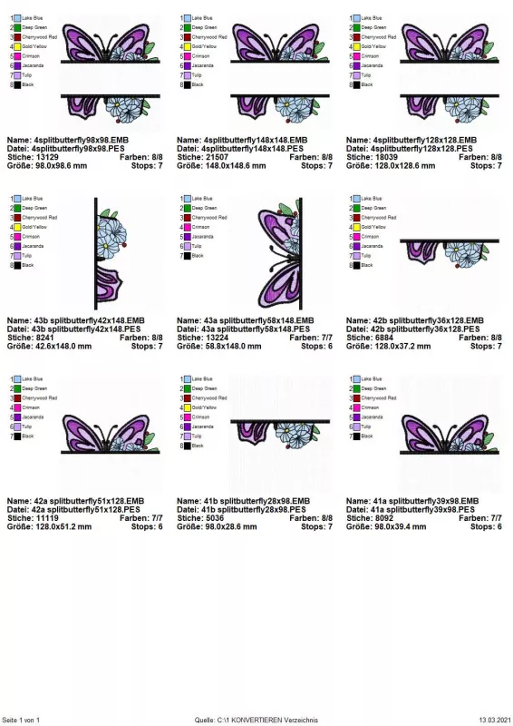 Stickdatei Split Butterfly 4, Übersicht mit 9 Dateien. 3 mal Blütenbukett vor Schmetterling, mittig Aussparung für Schriftzug. 3 mal nur Motivhälfte unterhalb des Schriftzugplatzes, 3 mal nur oberhalb des Schriftzugplatzes.