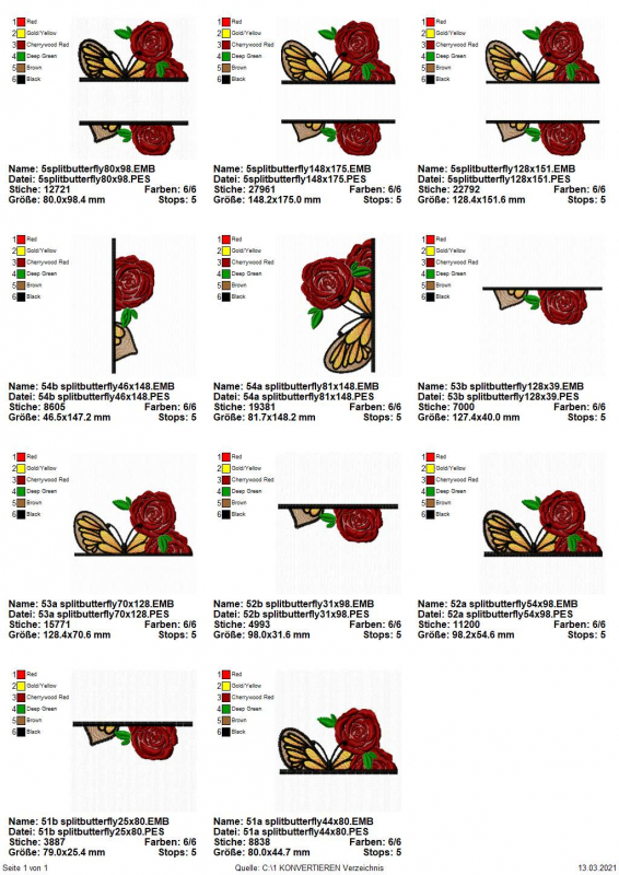 Preview: Stickdatei Split Butterfly 5, Übersicht mit 11 Dateien. 3 mal orange-blauer Schmetterling mit 3 Rosenknospen davor, quer vor dem Motiv Aussparung für Schriftzug. 4 mal nur Querhälfte unterhalb der Aussparung, 4 mal nur obere Hälfte.