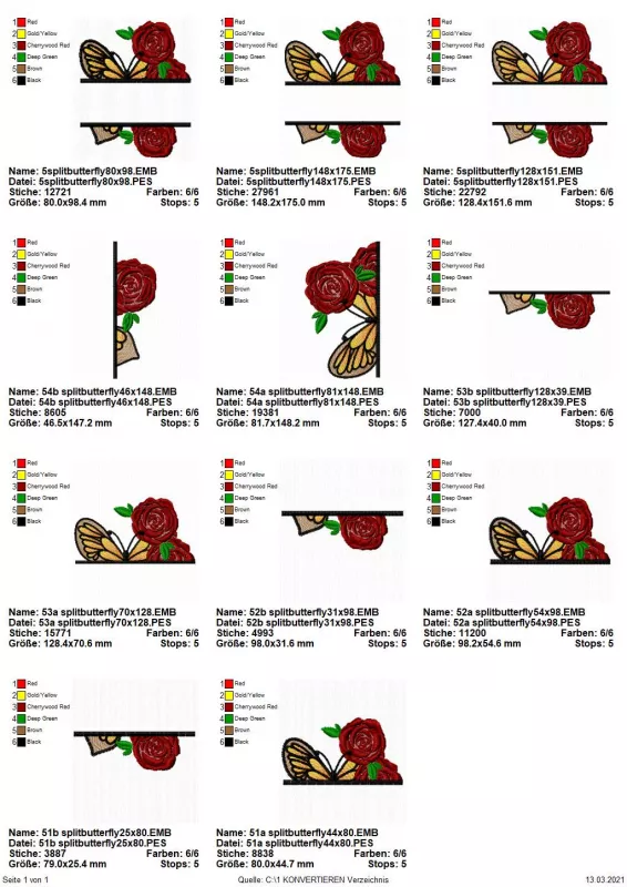 Stickdatei Split Butterfly 5, Übersicht mit 11 Dateien.
3 mal orange-blauer Schmetterling mit 3 Rosenknospen davor, quer vor dem Motiv Aussparung für Schriftzug. 4 mal nur Querhälfte unterhalb der Aussparung, 4 mal nur obere Hälfte.