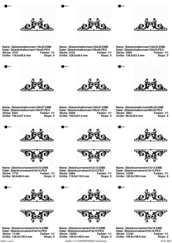 Preview: Stickdatei Set Split Ornamente für Monogramme (div. Größen), Übersicht mit 12 Dateien. 6 mal komplettes Schnörkelornament mit Aussparung für Schrift; 6 mal halber Anteil obere Hälfte.