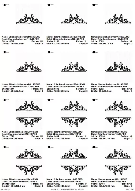 Stickdatei Set Split Ornamente für Monogramme (div. Größen), Übersicht mit 12 Dateien. 6 mal komplettes Schnörkelornament mit Aussparung für Schrift; 6 mal halber Anteil obere Hälfte.