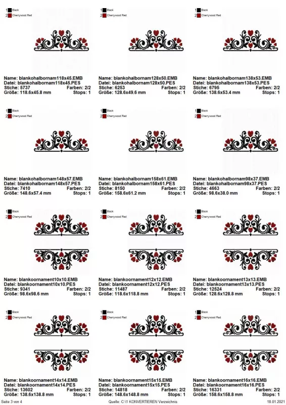 Stickdatei Set Split Ornamente für Monogramme (div. Größen), Übersicht mit 12 Dateien, dabei 6 mal komplettes schnörkeliges Ornament mit Aussparung für Schriftplatz, 6 mal hälftiger Anteil.