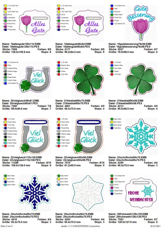 S. 2 der Übersicht enthaltene Motive im Stickdatei-Set XXL Stabdeko