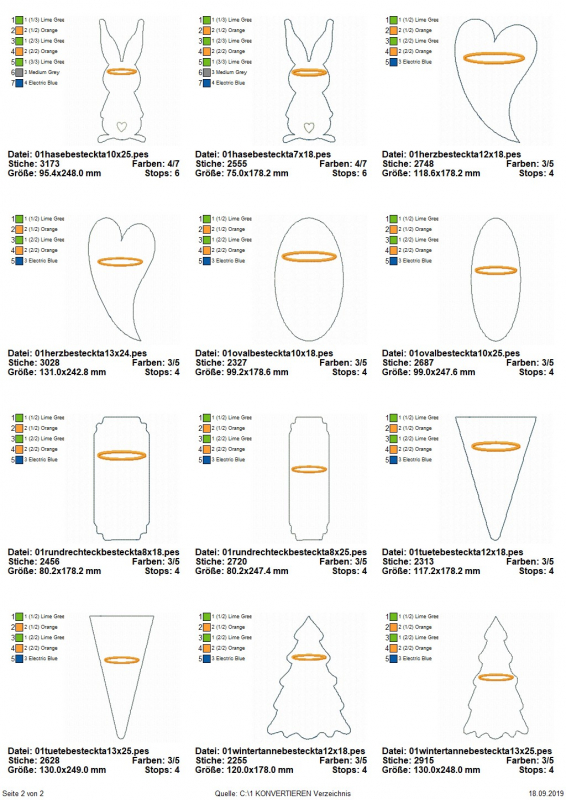 Stickdatei Set 12 ITH Bestecktaschen Blanko, Übersicht zeigt 12 Dateien für Taschen unterschiedlichen Formats. 2 mal rechteckig hochkant, stufenartige Ecken; 2 mal oval; 2 mal Herzumriss, länglich; 2 mal Hase; 2 mal Weihnachtsbaumumriss; 2 mal umgekehrtes