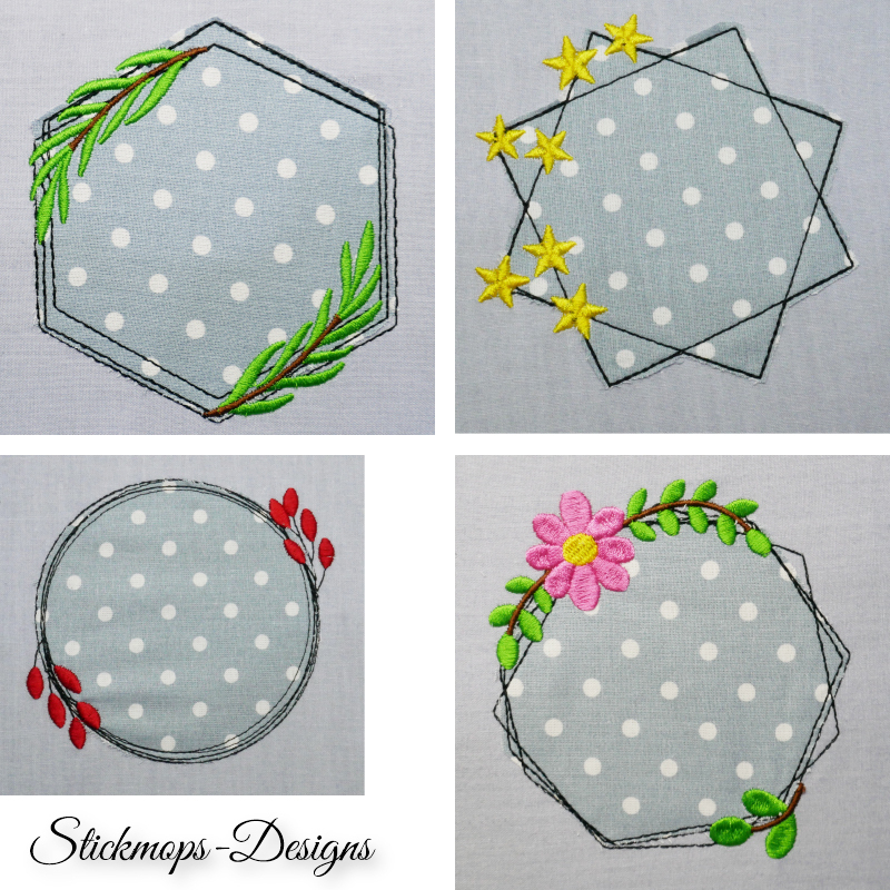 Preview: Stickdatei Set Floral Frames Doodle Applikationen, 4 Fotos mitApplikationen grauer, weißgepunkteter Stoff auf grauem Untergrund. Unterschiedliche Abstickungen: Rund-beuliger Kranz mit Blüte und Blattzweigen; Sechseck mit Balttzweigen