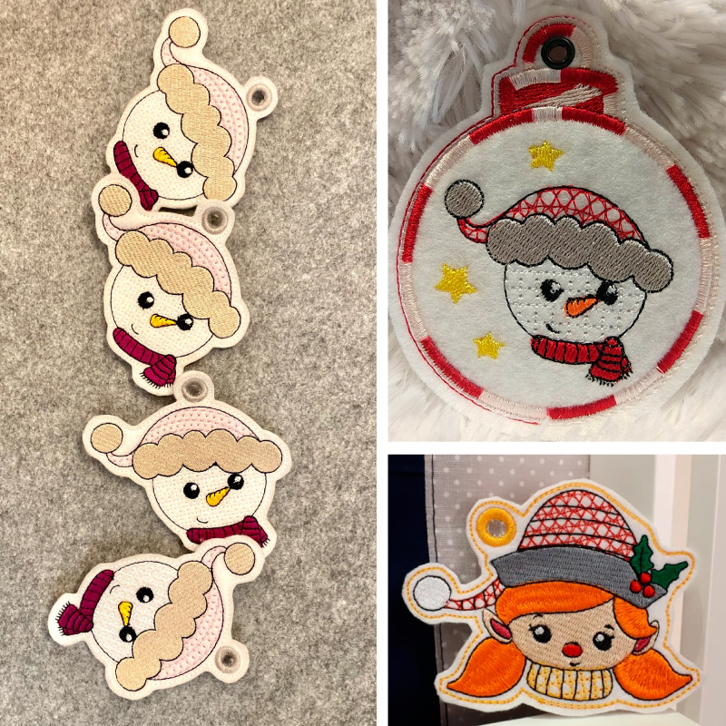 Stickdatei Set ITH Anhänger Christmas Faces. Fototrilogie zeigt 4 Anhänger Schneemannkopf mit Mütze und Schal. Außerdem 1 mal Mädchenkopf mit Mütze und 1 mal Weihnachtsbaumkugel mit Schneemannkopf und Sternen.