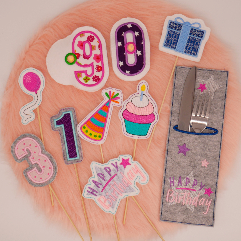Preview: Stickdatei Set ITH Party-Deko LED Cover, Stabdesigns, Bestecktaschen und Applikationen