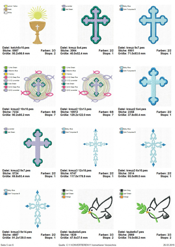 Stickdatei Set christliche Symbole, Übersicht mit zwölf Dateien. Einmal Kelch mit Sonne, zweimal Kreuzschein mit Symbolfischen, zweimal Taube mit Zweig im Schnabel, siebenmal diverses Kreuzmotiv.