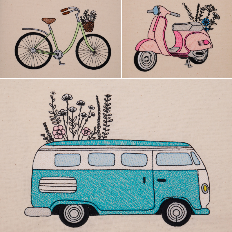 Hier siehst du drei Stickmotive: Ein Hippie-Bus, ein Fahrrad und ein Retro Roller. Alle Fahrzeuge sind mit Blumen geschmückt.