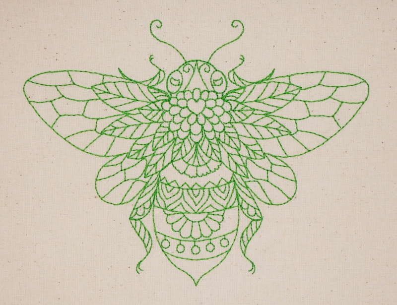 Preview: Eine grün gestickte Biene bestehend aus Linien ohne Füllungen.