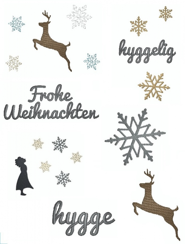 Stickdatei Set Wintermotive (10x10 u. 13x18 Rahmen) divers. Hirsch, Mädchen, Eiskristall, Schriftzüge "hyggelig", "Frohe Weihnachten", "hygge", teilweise mit Sternen/Eiskristallen.