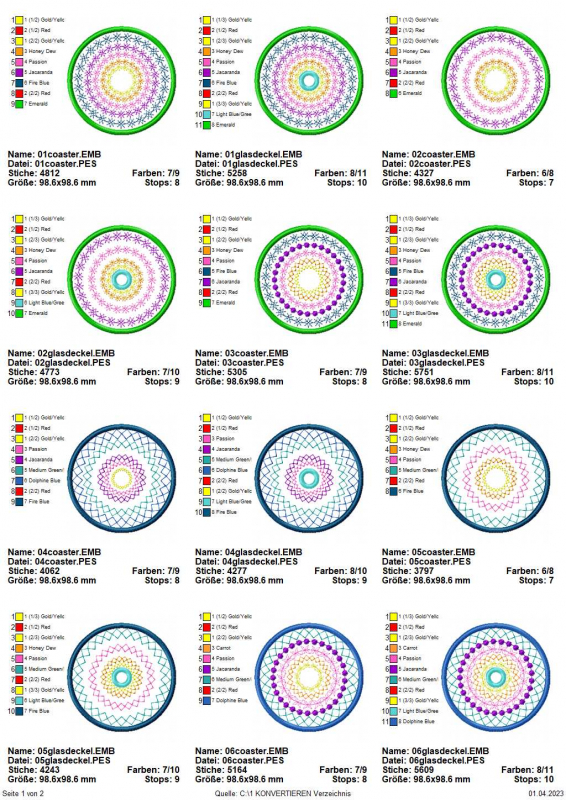 Stickdatei Set ITH Summer-Coaster Übersicht 1