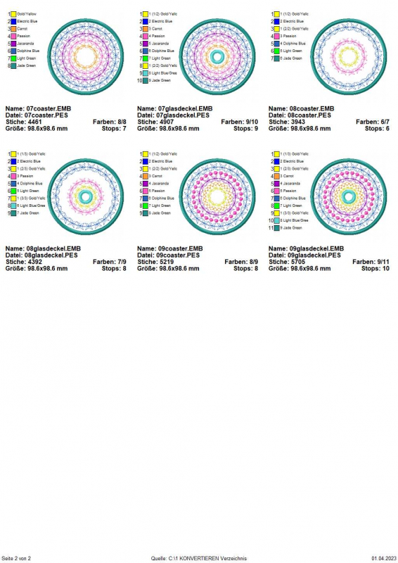 Stickdatei Set ITH Summer-Coaster Übersicht 2