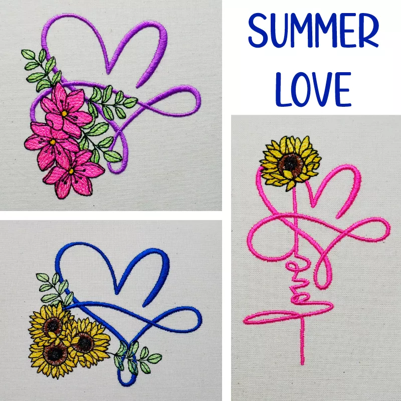 Stickdatei mit Sonnenblumen, rosa Blumen und Herzen.