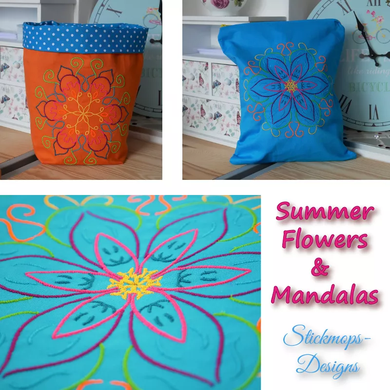 Stickdatei Set Summer Flowers & Mandalas (div. Größen), Foto-Trilogie mit Reißverschlusstasche, Utensilo, Ausschnitt gesticktes buntes Blütenmuster auf türkisem Stoff.
Taschen aus diversen Stoffen mit Stickmotiv. Motive blütenartig, mal filigraner, mal di