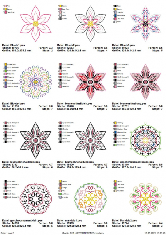 Preview: Stickdatei Set Summer Flowers & Mandalas (div. Größen), Übersicht mit 12 Dateien. Diverse blüten- bzw. sternartige Muster, teils in rundlichem Design. Motive mal filigraner, mal dichter im Muster.