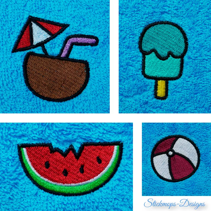 Stickdatei Set Summergnomes Handtuchmotive, 4 Abbildungen von je blauem Frotteestoff mit diversen Motiven. 1 mal Eisbecher mit Strohhalm/Schirmchen, 1 mal Stieleis, 1 mal Ball, 1 mal angebissenes Wassermelonenstück.