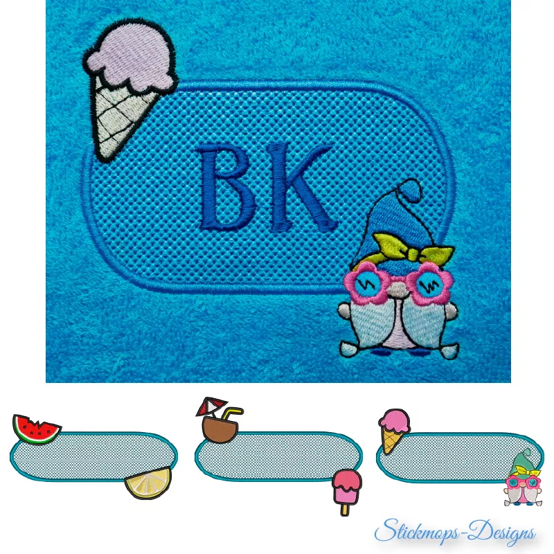 Stickdatei Set Summergnomes Handtuchmotive, Abbildungen zeigen 1 mal auf blauem Frotteestoff ovalen Stickplatz mit Initialien "BK". An den Randstellen Bestickung mit farbiger Eistüte und lustigem Gnom. Außerdem 3 weitere Abbildungen mit länglichem abgerun