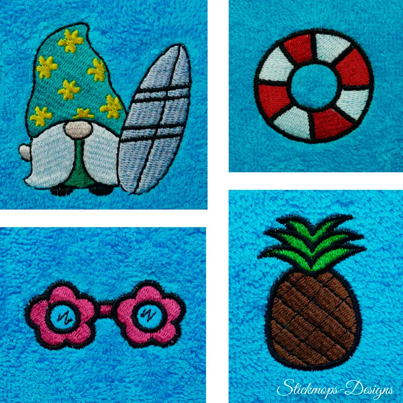 Stickdatei Set Summergnomes Handtuchmotive, gezeigt werden 4 Fotos von blauem Frotteestoff mit unterschiedlichen bunten Stickmotiven: Gnom mit Surfbrett, 1 mal Rettungsring, 1 mal Blümchenbrille für den Gnom, 1 mal Ananas.