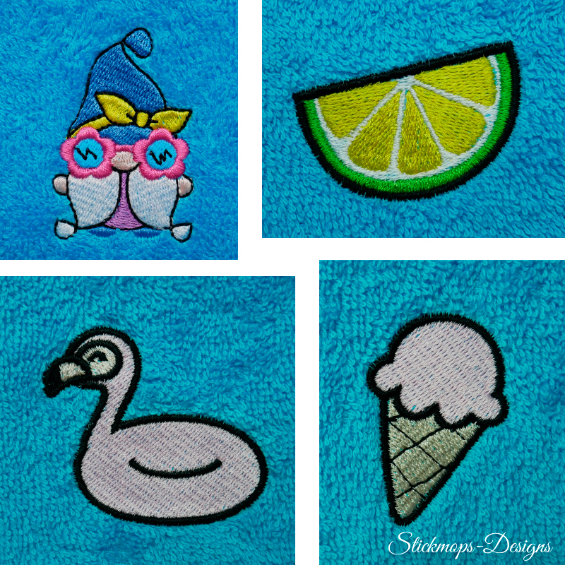 Preview: Stickdatei Set Summergnomes Handtuchmotive, Abbildung zeigt 4 Fotos von blauem Frotteestoff mit diversen bunten Motiven. 1 mal Gnom mit Blümchenbrille, 1 mal Zitronenspalte, 1 mal Schwimmtier 