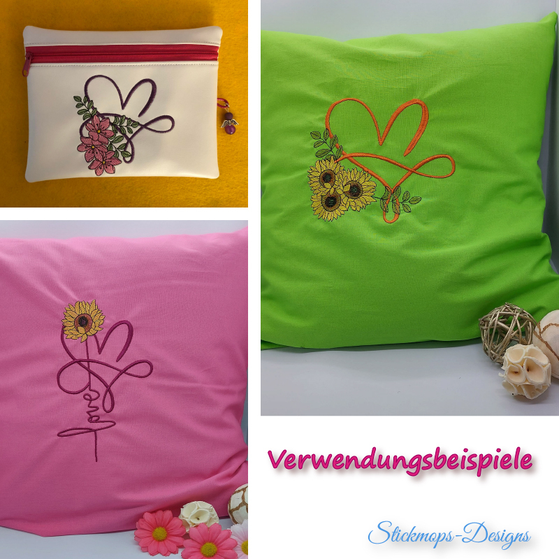 Preview: bestickte Kissenbezüge und eine Tasche mit den Summerlove Motiven.