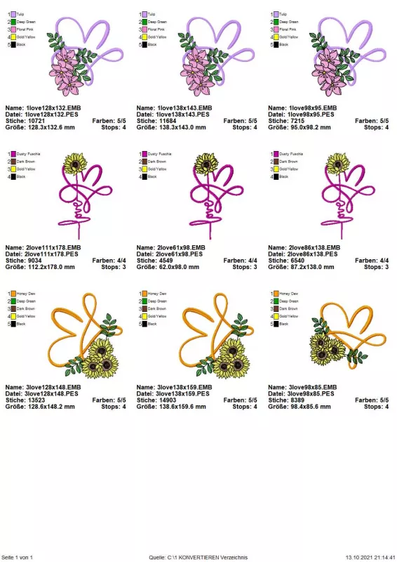 Stickdatei Set Summerlove Übersicht mit rosafarbenen Blüten und Sonneblumen.