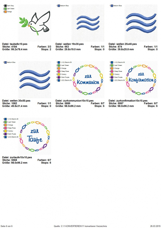 Stickdatei Set christliche Symbole, Übersicht mit sieben Dateien. Einmal Taube mit Zweig im Schnabel, dreimal Dreierwelle, dreimal Fischkreis mit Innenschriftzug ("Zur Taufe", "Zur Kommunion", "Zur Konfirmation").