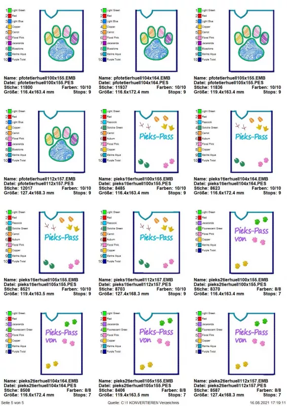 Stickdatei Set ITH TIERPASS-Hüllen 13 Designs (13x18), Übersicht mit 12 Dateien in Hochkant, unterschiedliche Designs. 4 mal Pfotenabdruck mit bunt bestickter Innenfläche; 8 mal Schriftzug "Pieks-Pass", bzw. "Pieks-Pass von" mit Tierfußabdrücken unterschi