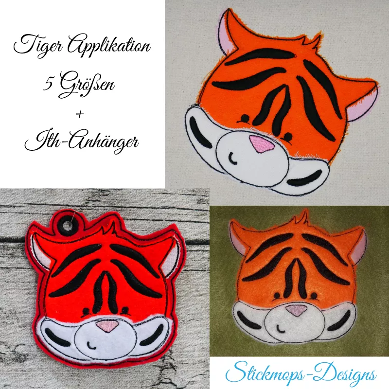 Stickdatei Tiger Applikation in 5 Größen + ITH Anhänger