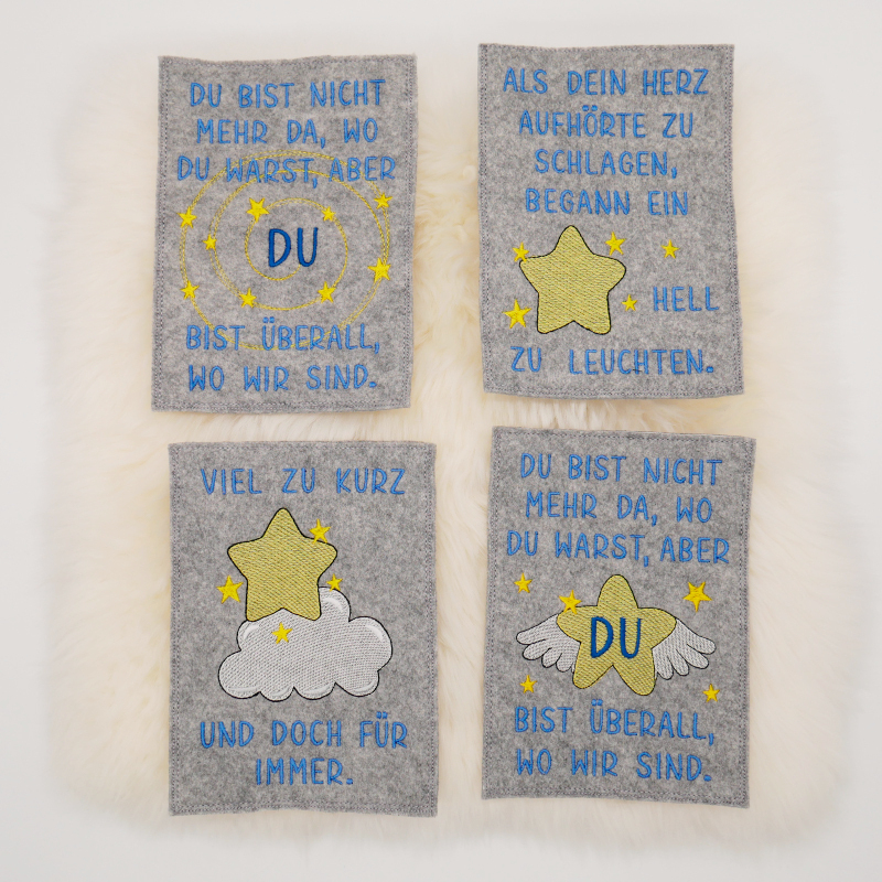 Stickdatei Set Sternenkinder Trauersprüche auf Grußkartenhüllen.