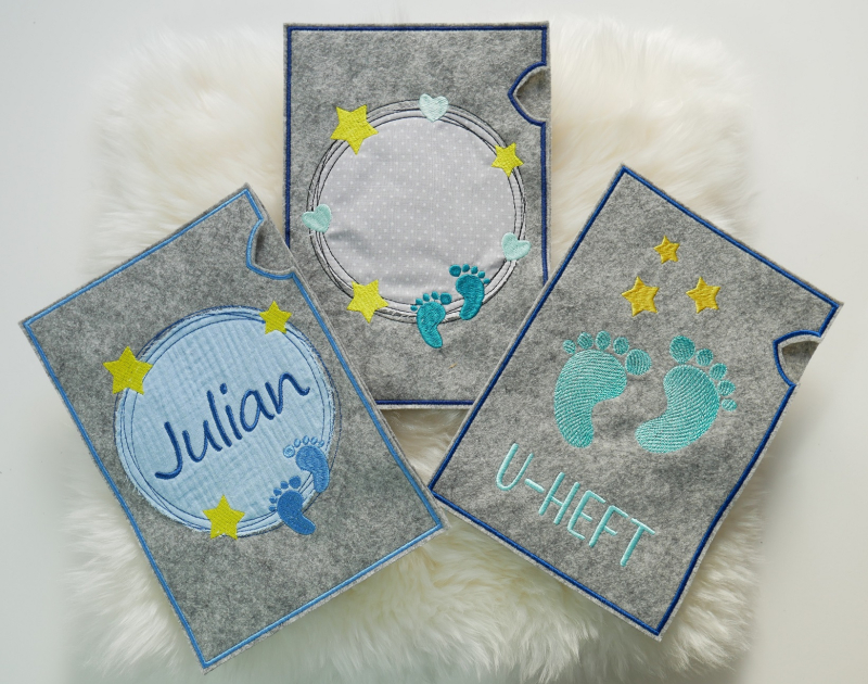 Preview: Stickdatei Set U-Hefthüllen Jungenmotive und Farben.