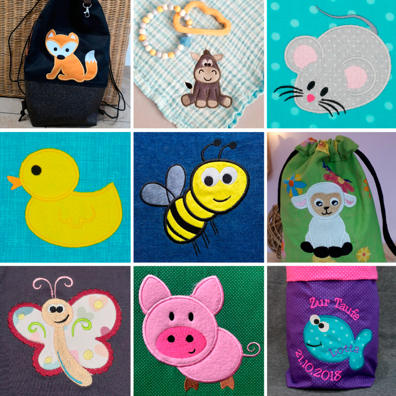 Preview: Übersicht Tierapplikation für Kinder ausgestickt auf einem Stoff.