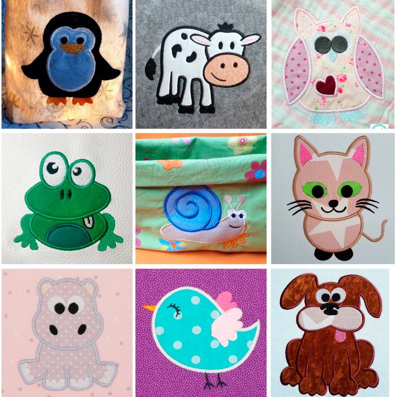 Preview: Übersicht Tierapplikation für Kinder ausgestickt auf einem Stoff.