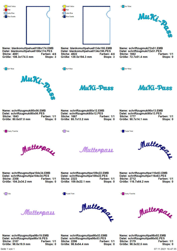 Preview: Stickdatei Set BLANKO ITH Mutterpasshüllen, Übersicht mit 12 Dateien. 2 mal für Blanko-Hülle; 10 mal Schriftzüge 