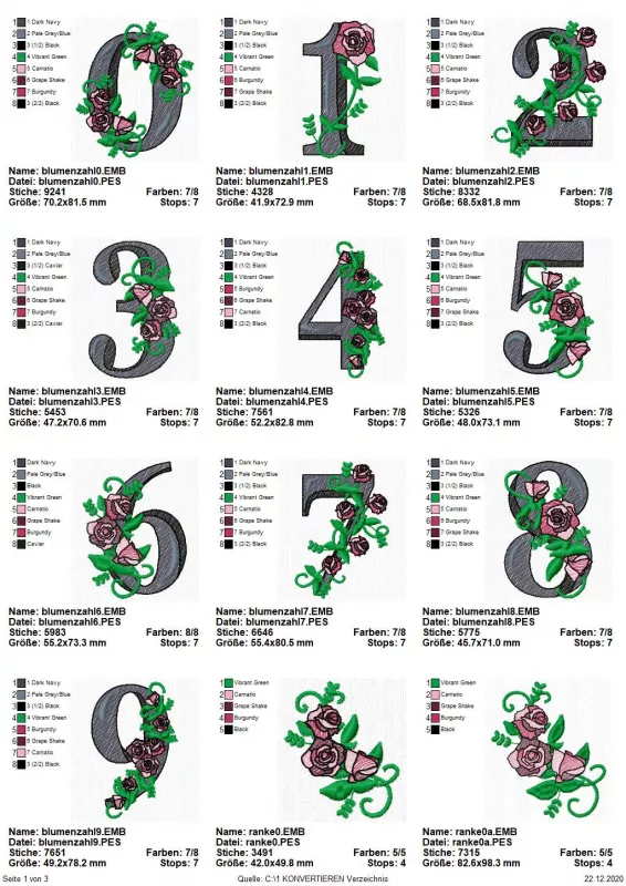 Stickdatei Set Blumenzahlen (Vollstick), Übersicht mit 12 Dateien. 10 für die Zahlen 1 bis 9, jeweils rosenumrankt. 2 mit Einzelmotiv Rosenranke.