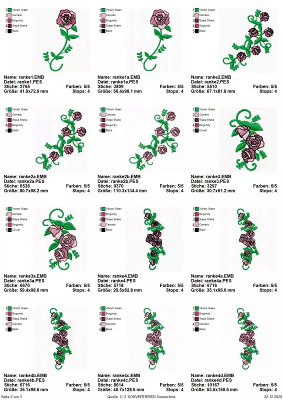 Stickdatei Set Blumenzahlen (Vollstick), Übersicht mit 12 Dateien. Jeweils Einzelmotiv Rosen-Blätter-Ranke in diversen Varianzen.