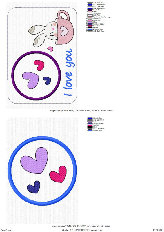 Preview: Freebie Stickdatei ITH Mug Rug Bunny in a Cup (10x10 & 13x18), Doppelfoto mit 2 Stickmöglichkeiten in der Übersicht mit Angaben zu Größen und Stichzahlen. Einmal für kompletten querformatigen Tassenteppich mit Schriftzug/Motiv/Abstellplatz mit Innenbestic