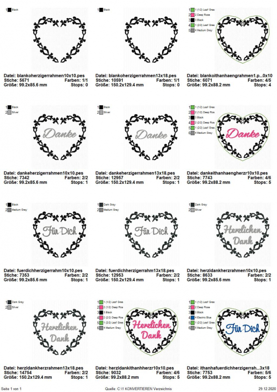 Preview: Freebie Danke Herzchen mit ITH Geschenkanhängern (10x10 und 13x18 Rahmen), Übersicht mit 12 Dateien für Anhänger. Dreimal für herzförmigen Schnörkelkranz, neunmal für Schnörkelkranz mit Schriftzug (drei 