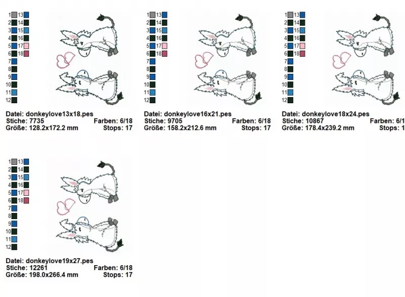 Stickdatei Set Donkey in Love Doodle Applikation in diversen Größen, Übersicht mit 4 Dateien. Alle mit 2 einander zugewandten Eseln, zwischen ihnen 2 Herzchen.