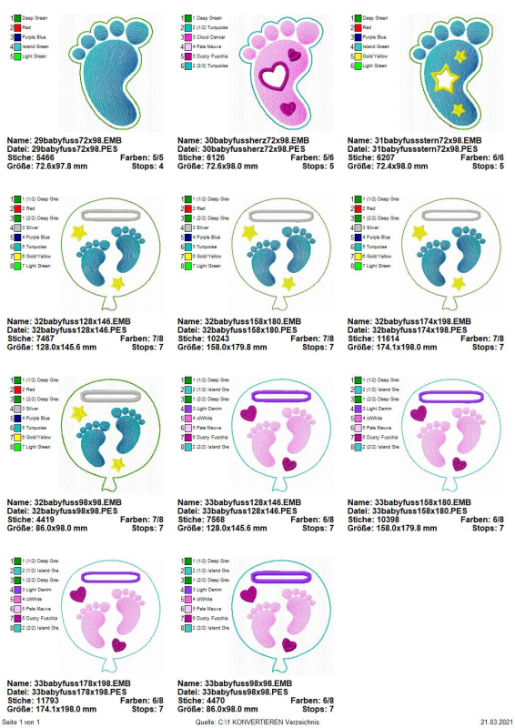Preview: Stickdatei Set Stabdesigns zur Geburt, Übersicht mit 11 Dateien, dabei 3 mal einzelner Fuß, 8 mal Fußpaar im Luftballon.Luftballons alle mit Einstecköse, Fußpaar pink oder blau darauf, umgeben von Herzen oder Sternen. Einzelfüße in blau, blau mit Sternen