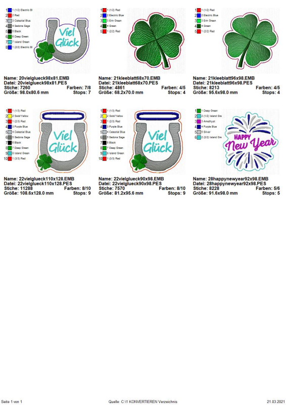 Preview: Stickdatei Set Glück & Silvester Stabdesigns, Übersicht mit 6 Dateien. 3 mal Hufeisen mit Kleeblatt und Schriftzug 