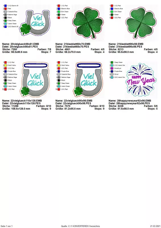 Stickdatei Set Glück & Silvester Stabdesigns, Übersicht mit 6 Dateien. 3 mal Hufeisen mit Kleeblatt und Schriftzug "Viel Glück", dabei 2 mit Einstecköse. 2 mal Glückskleeblatt mit Stiel, dieser links bzw. rechts; 1 mal Lichtschein Silvesterrakete mit Schr