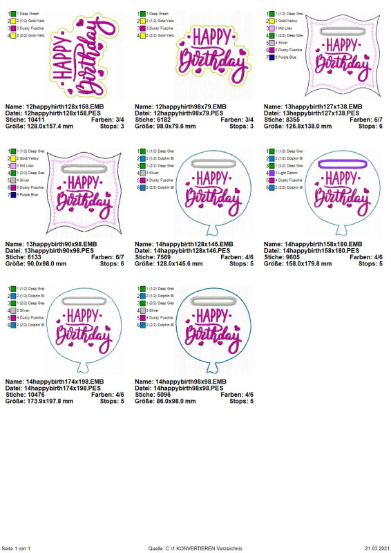 Preview: Stickdatei Set Geburtstags-Stabdesigns, Übersicht über 8 Dateien. 2 mal Schriftzug 