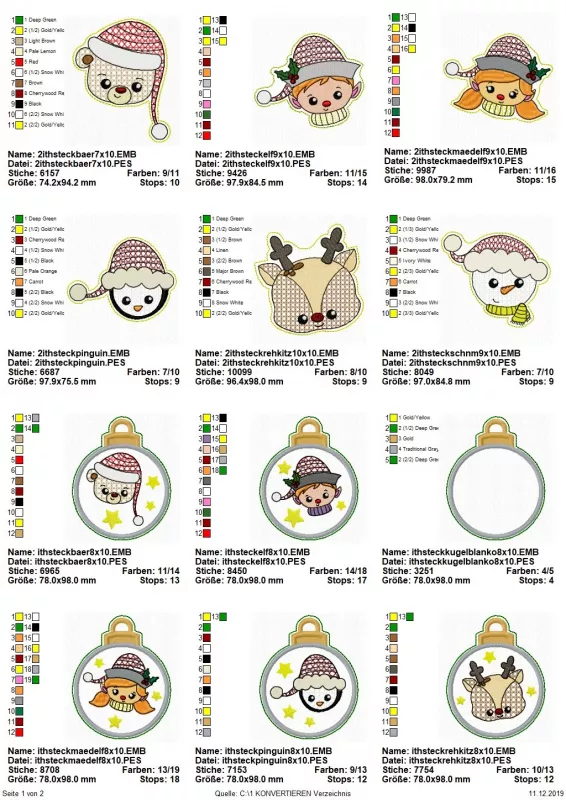 Stickdatei Set ITH Stecker Christmas Faces für Schaschlikspieße, Übersicht mit 12 Dateien. 6 mal Einzelmotive (Teddybärenkopf, Jungenkopf, Mädchenkopf, Rehkitzkopf, Schneemannkopf); 6 mal Weihnachtsbaumkugel (1 mal blanko, 5 mal oben diverse Kopfmotive (s