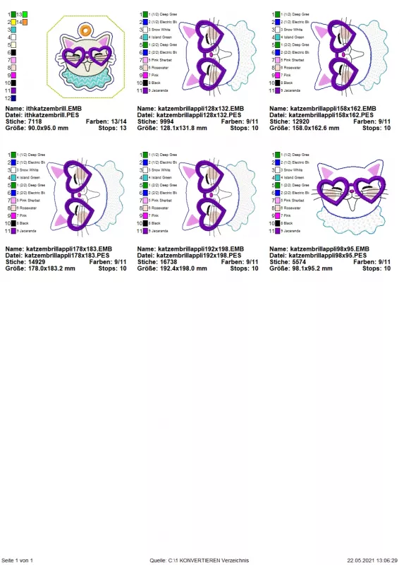 Stickdatei Set Sunny Cat Doodle Applikation inkl. ITH Anhänger, Übersicht mit 6 Dateien lächelnder Katzenkopf mit Brille/Halskrause. 5 mal für Applikation, 1 mal für Anhänger (Stoff-Öse).