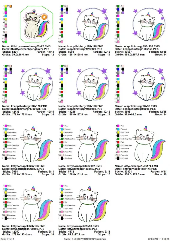 Stickdatei Set KittyCorn Doodle-Applikation inkl. ITH Anhänger, Übersicht mit 11 Designs der Einhorn-Katze mit buntem Horn und Schwanz. 1 mal eckige Umstickung und Heiligenschein; 5 mal im Katze rund umstickt, umgeben von Sternen; 5 mal Katze ohne Umstick