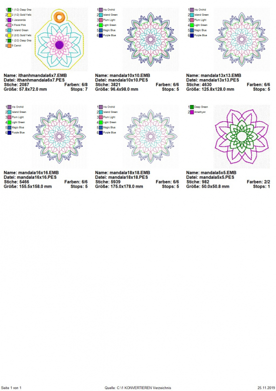 Stickdatei Set Mandala inkl. ITH Anhänger, Übersicht zeigt 6 Dateien. 5 mal einzelne diverse filigrane Blüte; 1 mal Blütenanhänger.