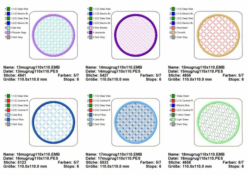 Stickdatei Set ITH Mug Rug 10. In einer Übersicht diverse Varianten mit je quadratischer Form mit kreisrundem Ornament, welches dick umrandet ist. Unterschiedliche Abbildungen mit Varianzen in den Farben der Kreisornamente und deren Umrandungen. Außerdem