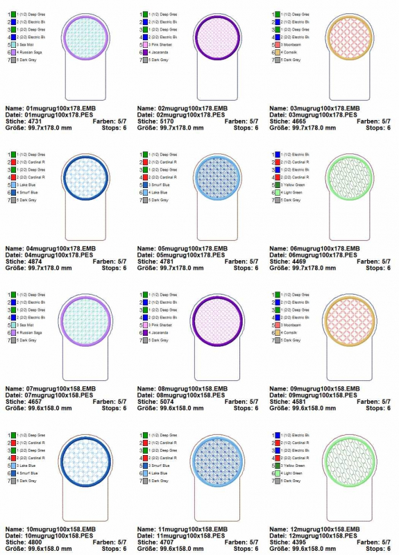 Stickdatei Set ITH Mug Rug 2, Übersicht über 12 diversfarbig bestickten Untersetzern mit je identischem Untergrund. Dieser ist länglich, zur einen Seite rund und zur anderen rechteckig, wobei der gebogene Anteil je ein kreisrundes filigran besticktes Zent